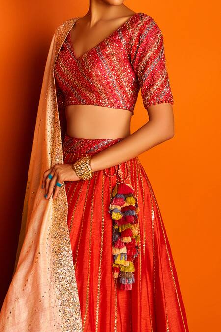 Loka By Veerali Raveshia Orange Dupion , Chanderi , Tussar V Neck Asavri Bridal Lehenga Set Online at Aza Fashions Loka By Veerali Raveshia_Orange Dupion , Chanderi , Tussar V Neck Asavri Bridal Lehenga Set _Online_at_Aza_Fashions
