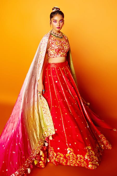 Shop Loka By Veerali Raveshia Orange Raw , Chanderi , Tussar U Neck Gauri Bridal Lehenga Set at Aza Fashions Shop_Loka By Veerali Raveshia_Orange Raw , Chanderi , Tussar U Neck Gauri Bridal Lehenga Set _at_Aza_Fashions