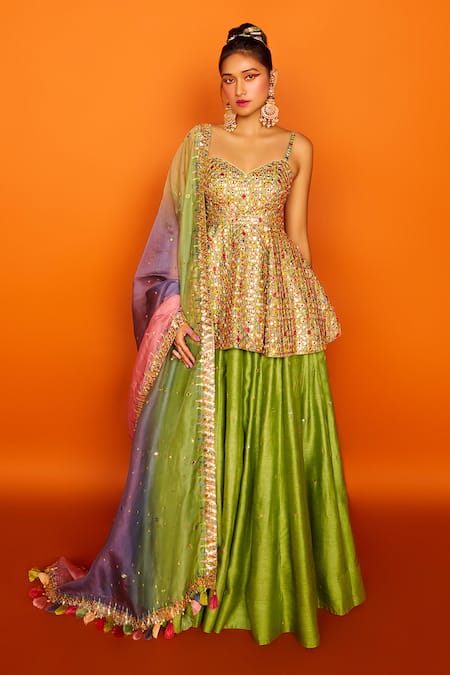 Titillating Chiffon Bandhej Print in Peplum Style Lehenga Choli