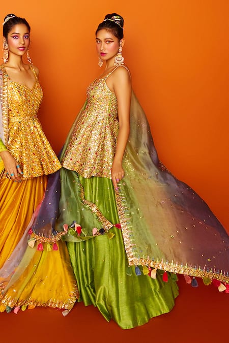 Shop Loka By Veerali Raveshia Green Organza, Dupion , Chanderi Sanjani Peplum Tunic And Lehenga Set at Aza Fashions Shop_Loka By Veerali Raveshia_Green Organza, Dupion , Chanderi Sanjani Peplum Tunic And Lehenga Set _at_Aza_Fashions