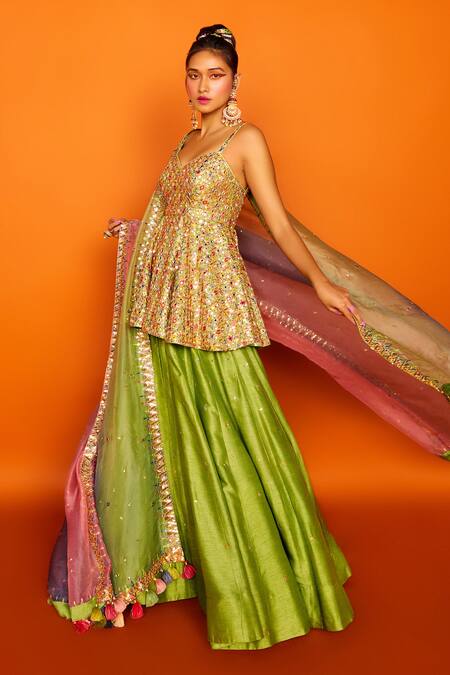 Loka By Veerali Raveshia Green Organza, Dupion , Chanderi Sanjani Peplum Tunic And Lehenga Set Online at Aza Fashions Loka By Veerali Raveshia_Green Organza, Dupion , Chanderi Sanjani Peplum Tunic And Lehenga Set _Online_at_Aza_Fashions