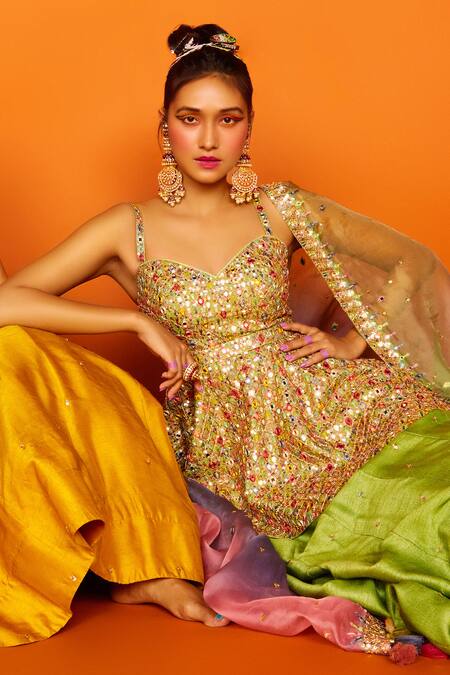 Buy Loka By Veerali Raveshia Green Organza, Dupion , Chanderi Sanjani Peplum Tunic And Lehenga Set Online at Aza Fashions Buy_Loka By Veerali Raveshia_Green Organza, Dupion , Chanderi Sanjani Peplum Tunic And Lehenga Set _Online_at_Aza_Fashions