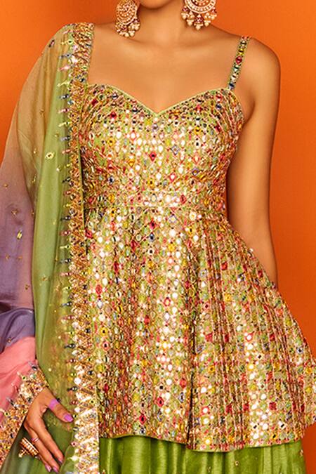 Loka By Veerali Raveshia Green Organza, Dupion , Chanderi Sanjani Peplum Tunic And Lehenga Set at Aza Fashions Loka By Veerali Raveshia_Green Organza, Dupion , Chanderi Sanjani Peplum Tunic And Lehenga Set _at_Aza_Fashions