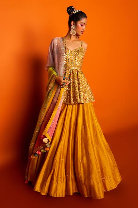 Loka By Veerali Raveshia_Yellow Organza, Dupion , Chanderi Sanjani Peplum Tunic And Lehenga Set _Online_at_Aza_Fashions