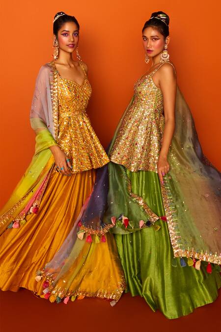 Buy_Loka By Veerali Raveshia_Yellow Organza, Dupion , Chanderi Sanjani Peplum Tunic And Lehenga Set _Online_at_Aza_Fashions