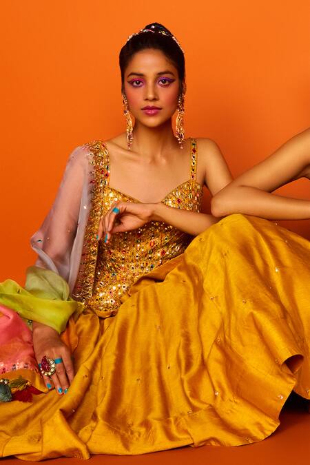 Loka By Veerali Raveshia_Yellow Organza, Dupion , Chanderi Sanjani Peplum Tunic And Lehenga Set _at_Aza_Fashions