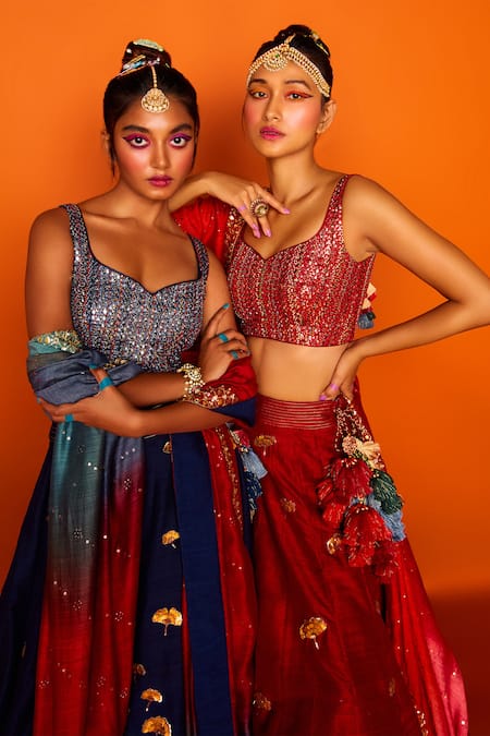 Loka by Veerali Raveshia_Red Chanderi Silk Embroidery Leaf Neck Basant Bahar Bridal Lehenga Set  _Online_at_Aza_Fashions