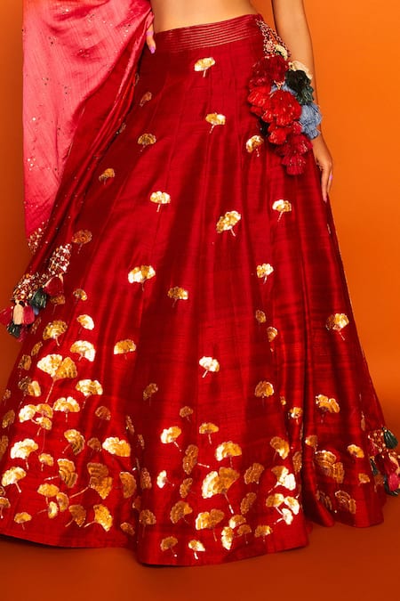 Buy_Loka by Veerali Raveshia_Red Chanderi Silk Embroidery Leaf Neck Basant Bahar Bridal Lehenga Set  _Online_at_Aza_Fashions
