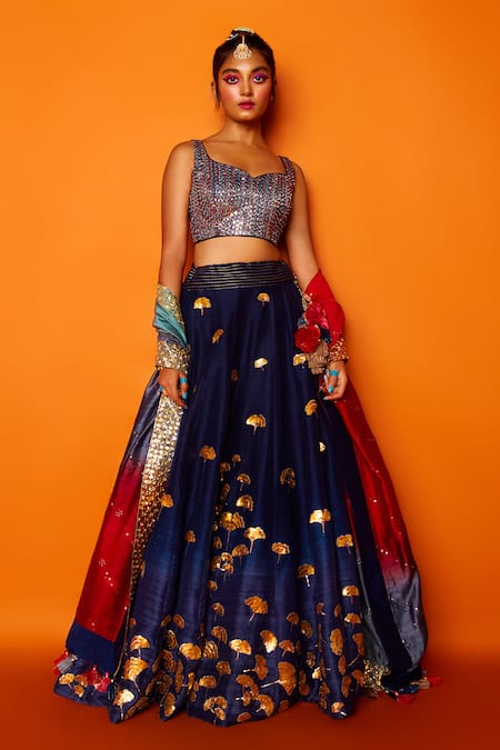 Navy-Blue & Orange Embroidered Cotton Indian Traditional