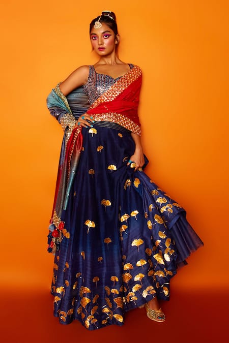 Shop Loka By Veerali Raveshia Blue Raw , Chanderi , Tussar Leaf Basant Bahar Bridal Lehenga Set at Aza Fashions Shop_Loka By Veerali Raveshia_Blue Raw , Chanderi , Tussar Leaf Basant Bahar Bridal Lehenga Set _at_Aza_Fashions