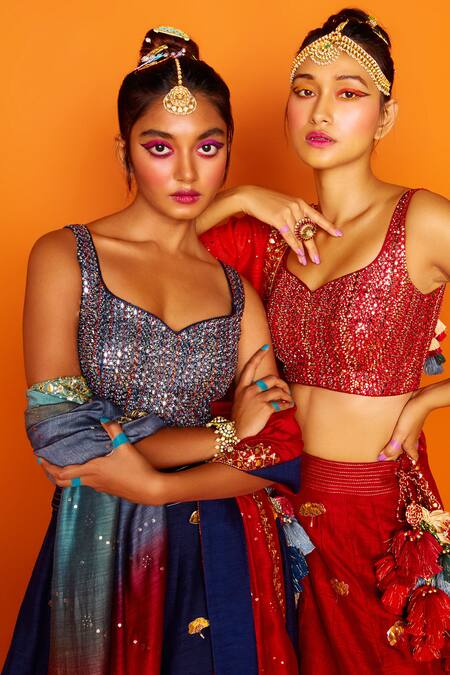 Loka By Veerali Raveshia Blue Raw , Chanderi , Tussar Leaf Basant Bahar Bridal Lehenga Set Online at Aza Fashions Loka By Veerali Raveshia_Blue Raw , Chanderi , Tussar Leaf Basant Bahar Bridal Lehenga Set _Online_at_Aza_Fashions