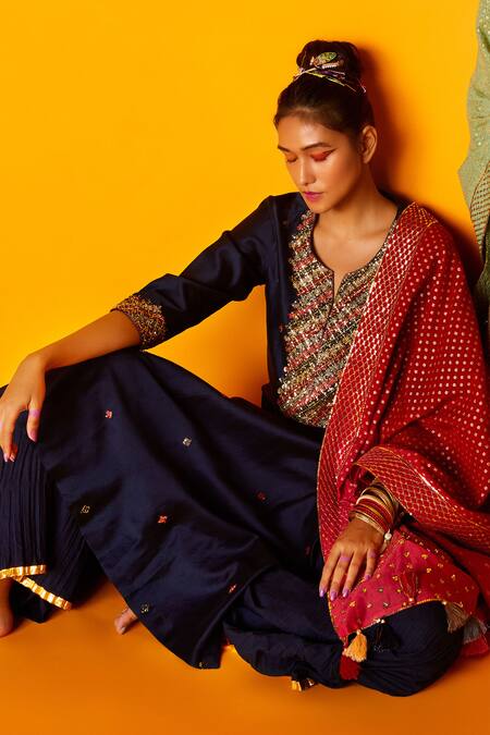 Loka By Veerali Raveshia_Blue Chanderi Silk, Cotton Mul Round Antra Kurta Sharara Set _Online_at_Aza_Fashions