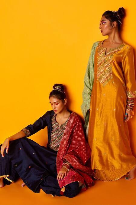 Shop Loka By Veerali Raveshia Yellow Chanderi Silk, Cotton Mul Round Antra Kurta Sharara Set at Aza Fashions Shop_Loka By Veerali Raveshia_Yellow Chanderi Silk, Cotton Mul Round Antra Kurta Sharara Set _at_Aza_Fashions