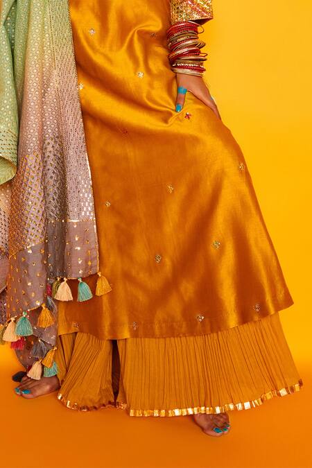 Loka By Veerali Raveshia Yellow Chanderi Silk, Cotton Mul Round Antra Kurta Sharara Set at Aza Fashions Loka By Veerali Raveshia_Yellow Chanderi Silk, Cotton Mul Round Antra Kurta Sharara Set _at_Aza_Fashions