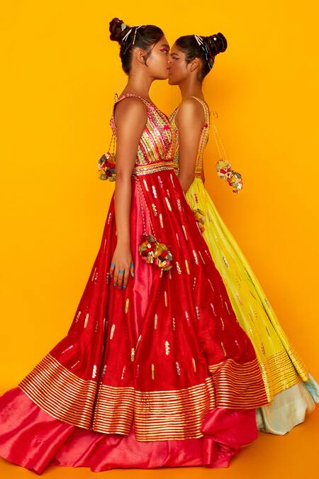 Shop Loka By Veerali Raveshia Red Dupion Silk V Neck Aarohi Layered Anarkali at Aza Fashions Shop_Loka By Veerali Raveshia_Red Dupion Silk V Neck Aarohi Layered Anarkali _at_Aza_Fashions