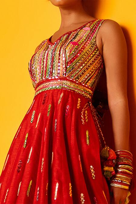 Shop Loka By Veerali Raveshia Red Dupion Silk V Neck Aarohi Layered Anarkali Online at Aza Fashions Shop_Loka By Veerali Raveshia_Red Dupion Silk V Neck Aarohi Layered Anarkali _Online_at_Aza_Fashions