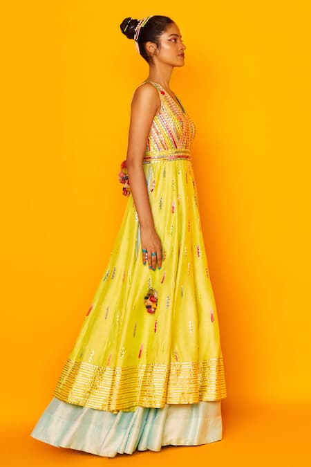 Shop Loka By Veerali Raveshia Blue Dupion Silk V Neck Aarohi Layered Anarkali at Aza Fashions Shop_Loka By Veerali Raveshia_Blue Dupion Silk V Neck Aarohi Layered Anarkali _at_Aza_Fashions