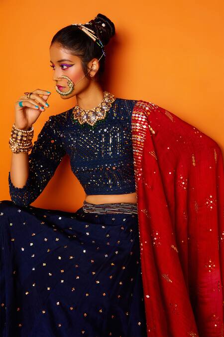 South Indian Readymade Lehenga Choli in Peach With Blue Dupatta in USA, UK,  Malaysia, South Africa, Dubai, Singapore