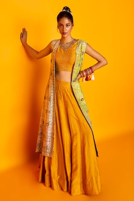 Lime Yellow Embroidered Lehenga Set Design by Loka By Veerali Raveshia at  Pernia's Pop Up Shop 2024