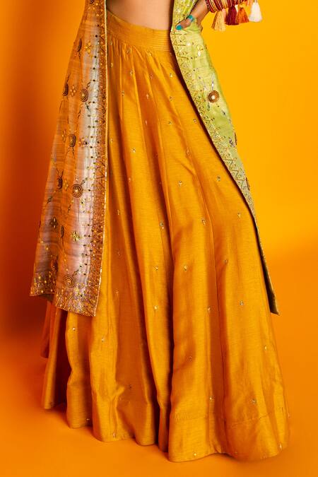 Shop Loka By Veerali Raveshia Yellow Raw , Dupion , Chanderi Round Sona Jacket And Lehenga Set Online at Aza Fashions Shop_Loka By Veerali Raveshia_Yellow Raw , Dupion , Chanderi Round Sona Jacket And Lehenga Set _Online_at_Aza_Fashions
