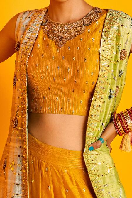 Loka By Veerali Raveshia Yellow Raw , Dupion , Chanderi Round Sona Jacket And Lehenga Set at Aza Fashions Loka By Veerali Raveshia_Yellow Raw , Dupion , Chanderi Round Sona Jacket And Lehenga Set _at_Aza_Fashions