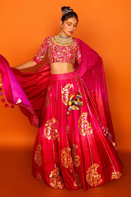 Buy Pink Chanderi Silk Embroidery Round Darbari Bridal Lehenga Set For ...