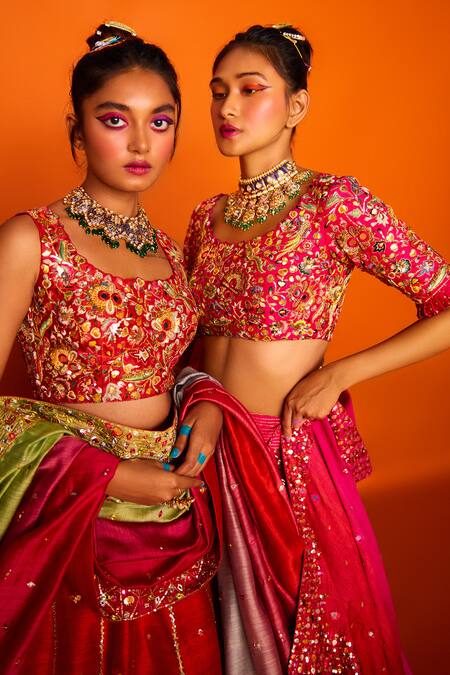 Loka By Veerali Raveshia Pink Raw , Chanderi , Tussar Round Darbari Bridal Lehenga Set Online at Aza Fashions Loka By Veerali Raveshia_Pink Raw , Chanderi , Tussar Round Darbari Bridal Lehenga Set _Online_at_Aza_Fashions