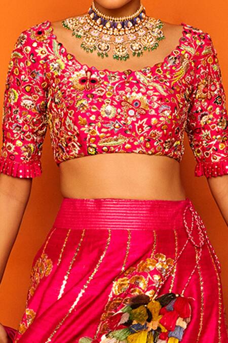 Shop Loka By Veerali Raveshia Pink Raw , Chanderi , Tussar Round Darbari Bridal Lehenga Set Online at Aza Fashions Shop_Loka By Veerali Raveshia_Pink Raw , Chanderi , Tussar Round Darbari Bridal Lehenga Set _Online_at_Aza_Fashions