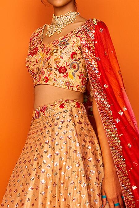 Shop_Loka By Veerali Raveshia_Beige Dupion , Chanderi , Tussar V Neck Alhaiya Bridal Lehenga Set _Online_at_Aza_Fashions