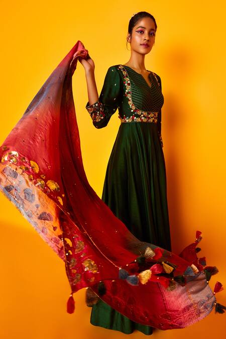 Loka By Veerali Raveshia_Green Dupion , Tussar Round Swara Anarkali With Dupatta _Online_at_Aza_Fashions