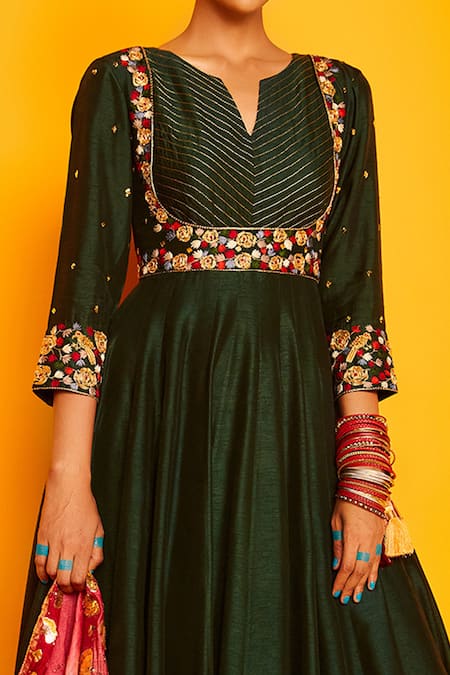 Buy_Loka By Veerali Raveshia_Green Dupion , Tussar Round Swara Anarkali With Dupatta _Online_at_Aza_Fashions