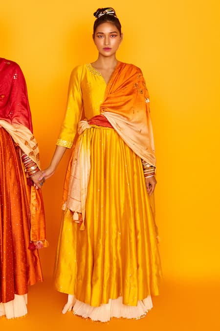 Shop Loka By Veerali Raveshia Yellow Chanderi Silk, Tussar Silk, Cotton Mul Round Sitara Anarkali Sharara Set at Aza Fashions Shop_Loka By Veerali Raveshia_Yellow Chanderi Silk, Tussar Silk, Cotton Mul Round Sitara Anarkali Sharara Set _at_Aza_Fashions