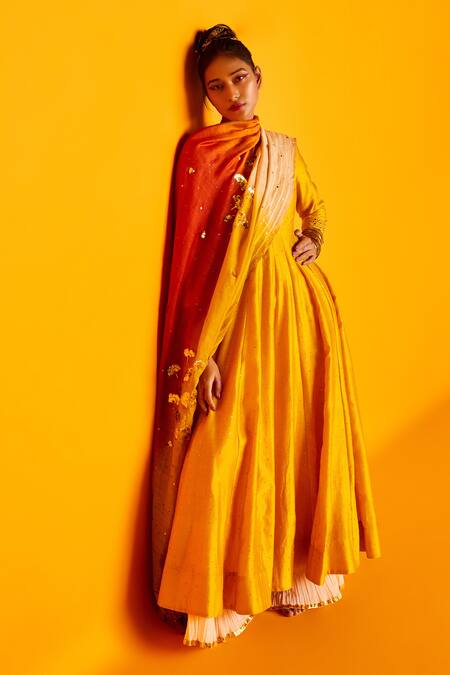 Loka By Veerali Raveshia Yellow Chanderi Silk, Tussar Silk, Cotton Mul Round Sitara Anarkali Sharara Set Online at Aza Fashions Loka By Veerali Raveshia_Yellow Chanderi Silk, Tussar Silk, Cotton Mul Round Sitara Anarkali Sharara Set _Online_at_Aza_Fashions