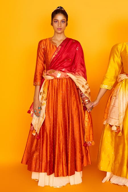 Loka By Veerali Raveshia_Orange Chanderi Silk, Tussar Silk, Cotton Mul Round Sitara Anarkali Sharara Set _Online_at_Aza_Fashions