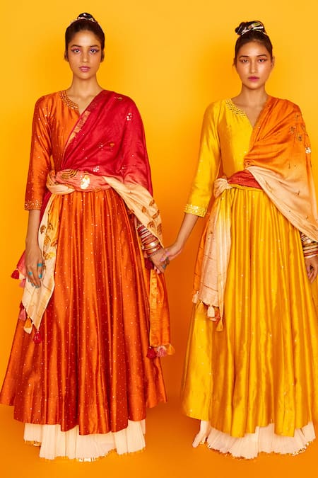 Buy_Loka By Veerali Raveshia_Orange Chanderi Silk, Tussar Silk, Cotton Mul Round Sitara Anarkali Sharara Set _Online_at_Aza_Fashions