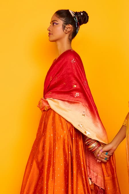 Shop_Loka By Veerali Raveshia_Orange Chanderi Silk, Tussar Silk, Cotton Mul Round Sitara Anarkali Sharara Set _Online_at_Aza_Fashions