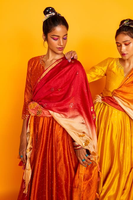 Loka By Veerali Raveshia_Orange Chanderi Silk, Tussar Silk, Cotton Mul Round Sitara Anarkali Sharara Set _at_Aza_Fashions