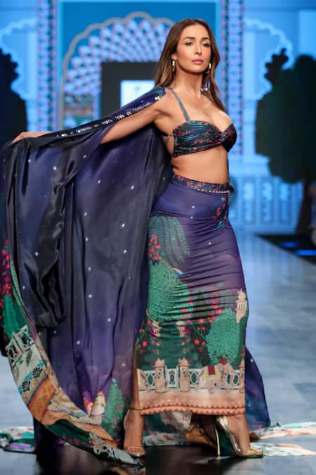 Limerick By Abirr N' Nanki_Purple Crepe Miniature Rajasthan Painting Front Open Cole Printed Cape _Online_at_Aza_Fashions