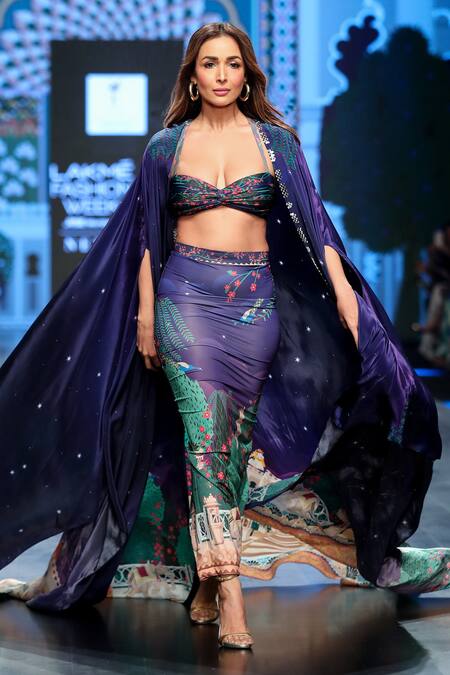 Buy_Limerick By Abirr N' Nanki_Purple Spandex Miniature Rajasthan Painting Cole Pattern Skirt _Online_at_Aza_Fashions