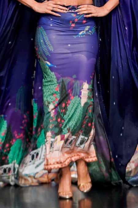 Shop_Limerick By Abirr N' Nanki_Purple Spandex Miniature Rajasthan Painting Cole Pattern Skirt _Online_at_Aza_Fashions