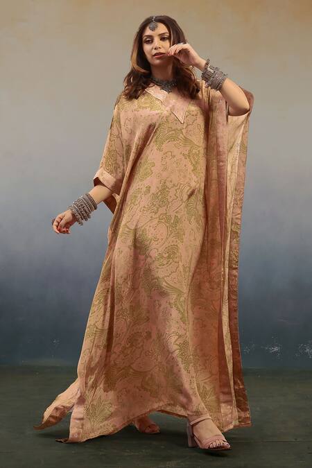 Affroz Pink Viscose, Crepe V-neck Paisley Print Kaftan at Aza Fashions Affroz_Pink Viscose, Crepe V-neck Paisley Print Kaftan _at_Aza_Fashions