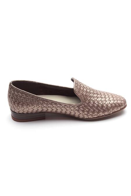 Tissr_Brown Metallic Leather Textured Loafers_Online_at_Aza_Fashions