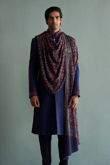 Qbik_Blue Sherwani Silk Churidar Cotton Silk Shawl Wool Set _Online_at_Aza_Fashions