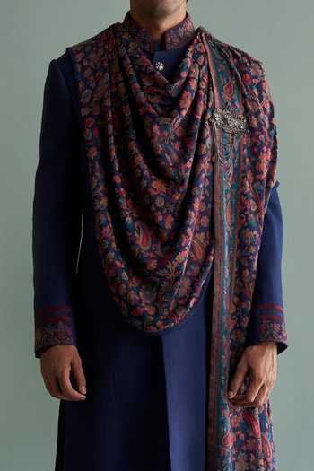 Buy_Qbik_Blue Sherwani Silk Churidar Cotton Silk Shawl Wool Set _Online_at_Aza_Fashions