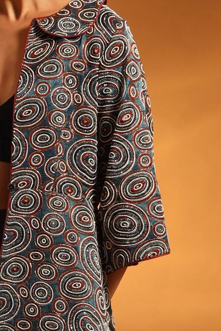 Shop_Sejal Kamdar_Blue Pure Satin Crepe Ajrak Embellished Jacket And Fluid Pant Set _Online_at_Aza_Fashions