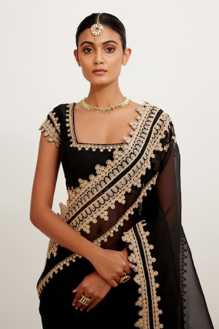 Buy_Devnaagri_Black Organza, Georgette And Raw Dori, Embroidered Saree With Blouse _Online_at_Aza_Fashions
