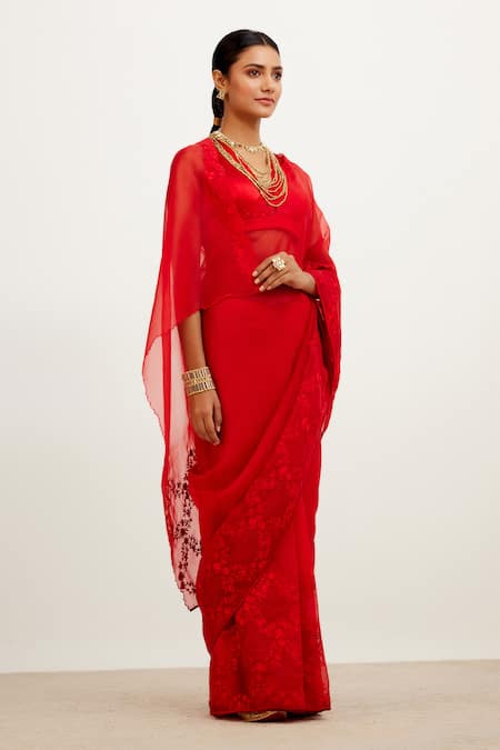 Devnaagri_Red Organza And Gajji Floral V Neck Border Embroidered Saree With Blouse _Online_at_Aza_Fashions