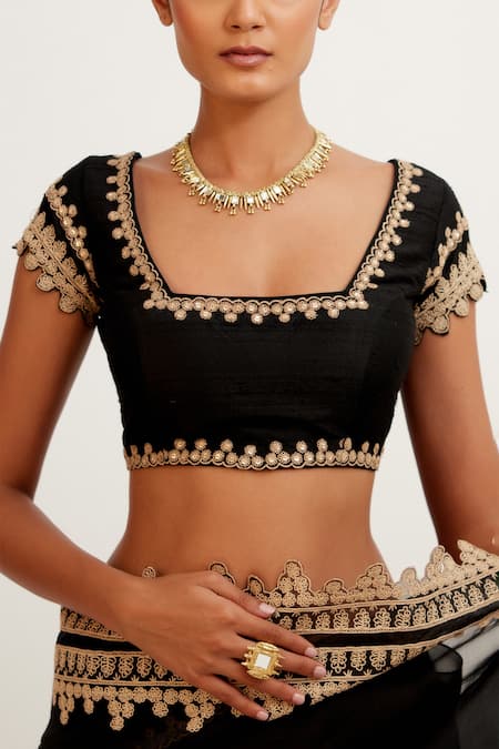 Devnaagri_Black Organza, Georgette And Raw Dori, Embroidered Saree With Blouse _at_Aza_Fashions