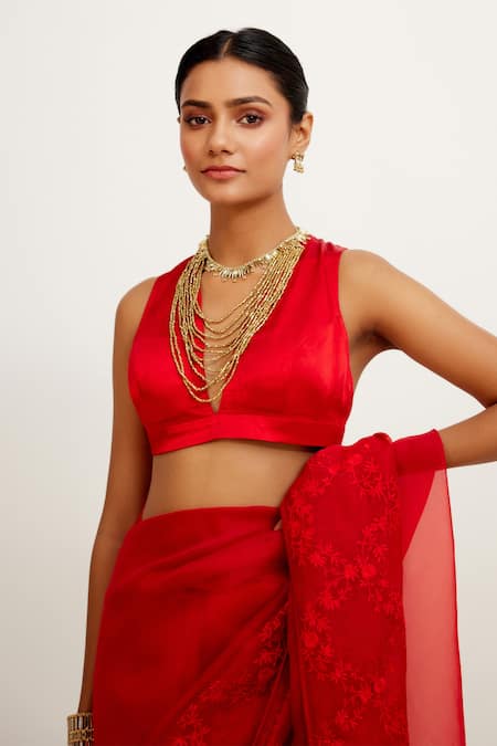 Shop_Devnaagri_Red Organza And Gajji Floral V Neck Border Embroidered Saree With Blouse _Online_at_Aza_Fashions