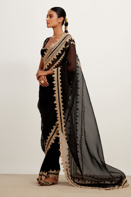Devnaagri_Black Organza, Georgette And Raw Dori, Embroidered Saree With Blouse _Online_at_Aza_Fashions